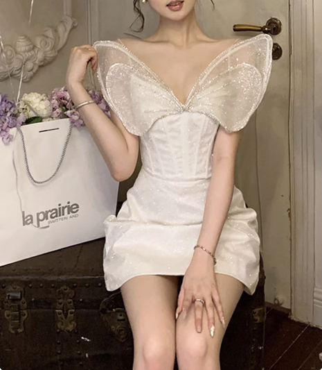 Princess Light Luxury Sling Rhinestone Bow Shiny 17th Birthday Homecoming Dress cc3543