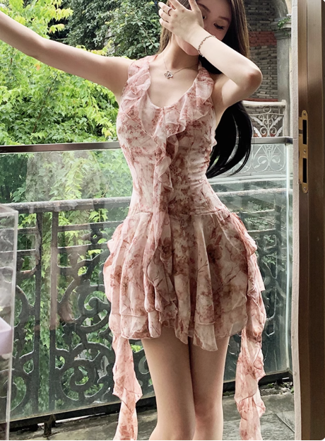 Pretty Pink Floral Halter Neck Chiffon Ruffle 17th Birthday Homecoming Dress  cc3544