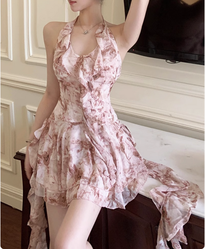 Pretty Pink Floral Halter Neck Chiffon Ruffle 17th Birthday Homecoming Dress  cc3544