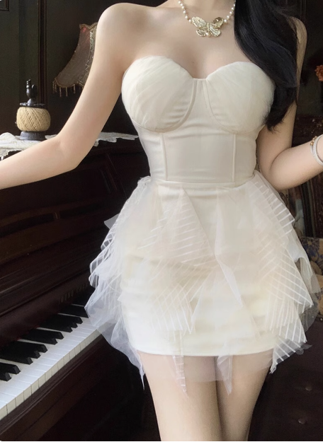 Elegant White Tube Top Herringbone Hip Birthday Dress Homecoming Dress cc3545