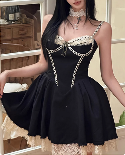 Sexy Herringbone Suspenders Satin Lace Trim A-line Birthday Dress Homecoming Dress cc3547