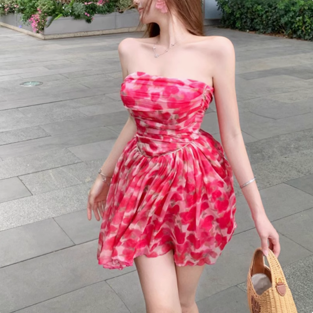 Beautiful Floral Tube Top Pink Tulle A-line Birthday Dress Homecoming Dress cc3549