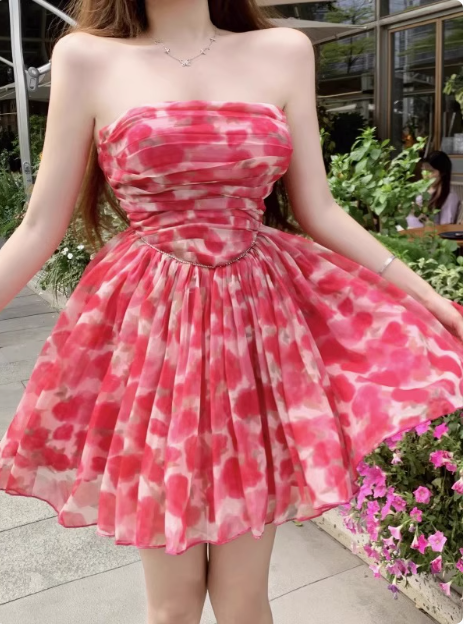 Beautiful Floral Tube Top Pink Tulle A-line Birthday Dress Homecoming Dress cc3549