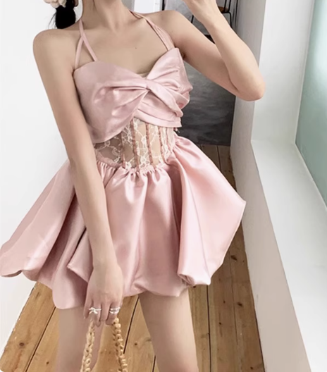 Sweet Pink Bow Strap Satin A-line 17th Birthday Homecoming Dress cc3550