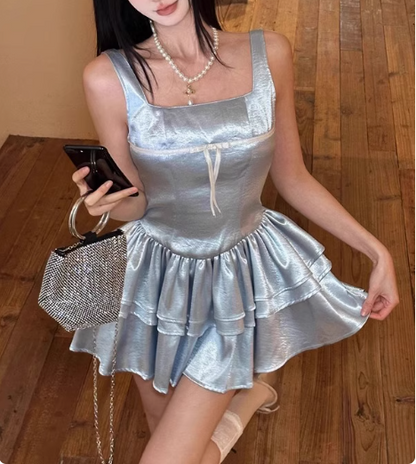 Blue Cake Skirt Short Square Neck Satin 17th Birthday Homecoming Dress cc3552