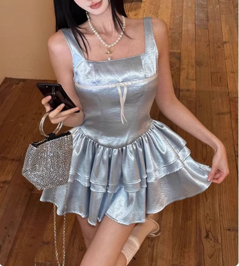 Blue Cake Skirt Short Square Neck Satin 17th Birthday Homecoming Dress cc3552