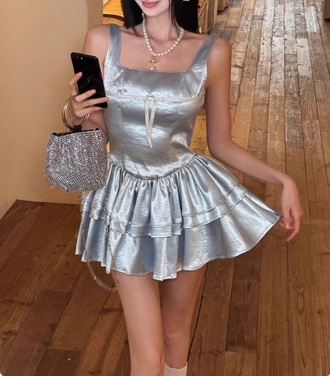 Blue Cake Skirt Short Square Neck Satin 17th Birthday Homecoming Dress cc3552