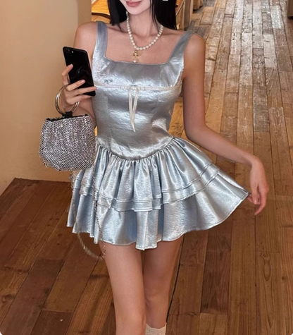 Blue Cake Skirt Short Square Neck Satin 17th Birthday Homecoming Dress cc3552