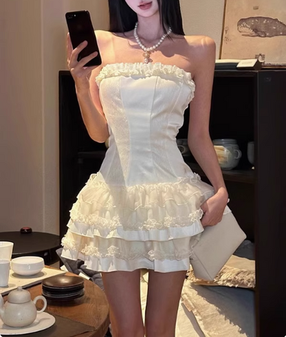 Sweet White Cake Puffy Satin Lace Stitching Tube Top Short Birthday Dress Homecoming Dress cc3553
