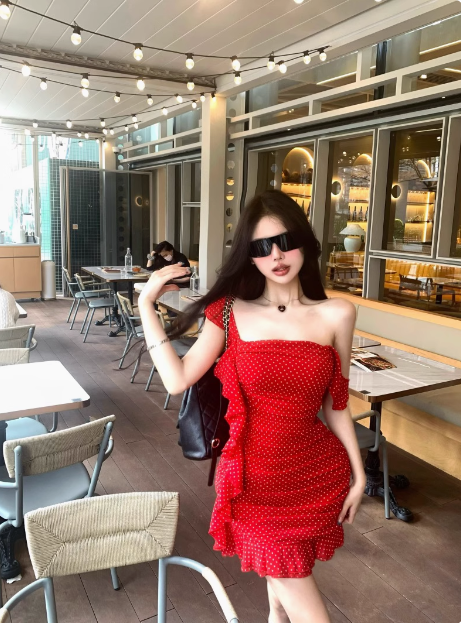 Sweet Ruffled Red Polka Dot Slim Birthday Dress Homecoming Dress cc3556