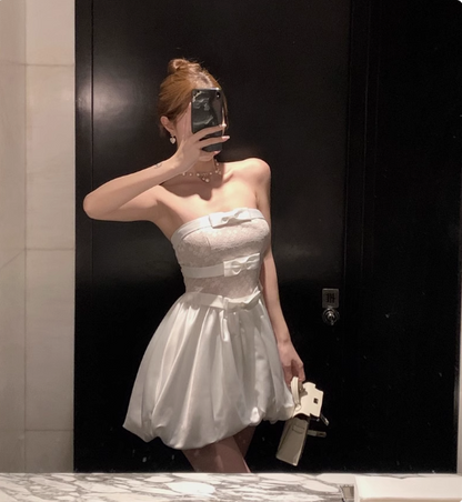 Sweet White Tube Top Bow Lace Satin Bud Birthday Short Skirt Homecoming Dress cc3558