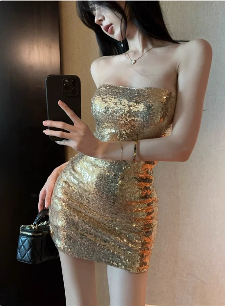 Sexy Champagne Tube Top Sequined Hip 17th Birthday Homecoming Dress cc3561