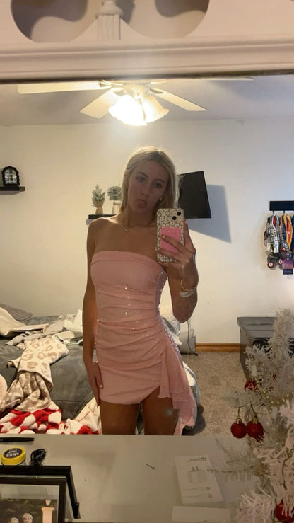 Sweet Pink Tube Top Sequined Slim Fit Hip 17th Birthday Homecoming Dress cc3568
