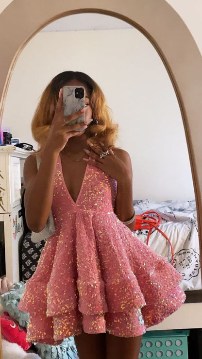 Sweet Pink Sequined V Neck Mini 17th Birthday Homecoming Dress cc3569