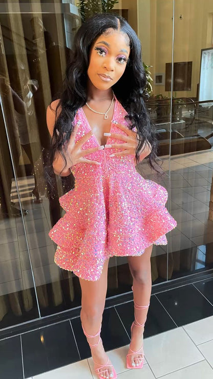 Sweet Pink Sequined V Neck Mini 17th Birthday Homecoming Dress cc3569