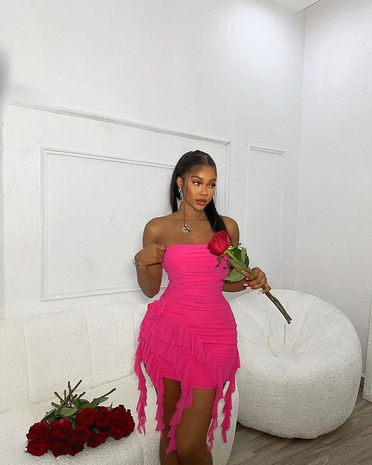 Sexy Pink Tube Top Ruffle Tight Hip 17th Birthday Homecoming Dress cc3571