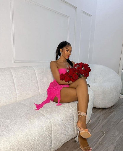 Sexy Pink Tube Top Ruffle Tight Hip 17th Birthday Homecoming Dress cc3571