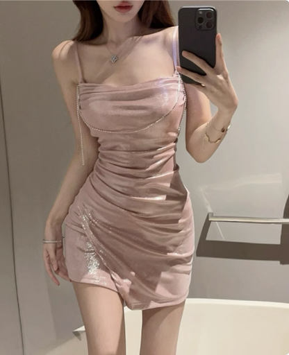 Sweet Off-shoulder Chain Pearl Irregular Birthday Dress Homecoming Dress cc3576