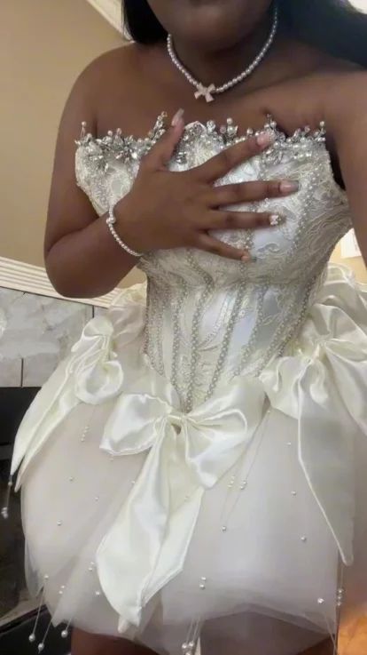 Princess White Strapless Pearl Bow Puff Skirt 16th Birthday Homecoming Dress cc4368
