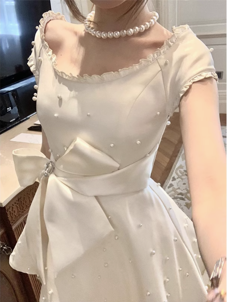 Heavy Pearl Satin Bow A-line Birthday Dress Homecoming Dress cc3579