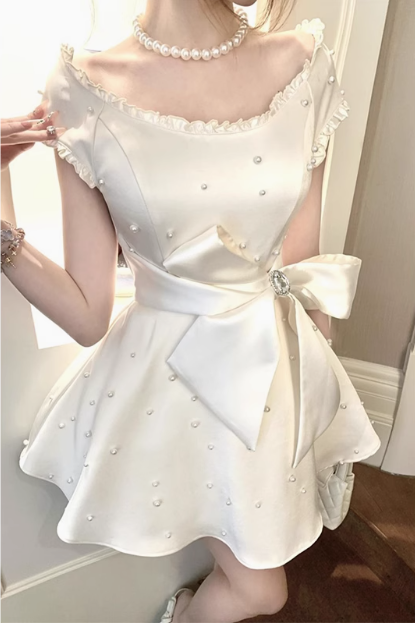 Heavy Pearl Satin Bow A-line Birthday Dress Homecoming Dress cc3579