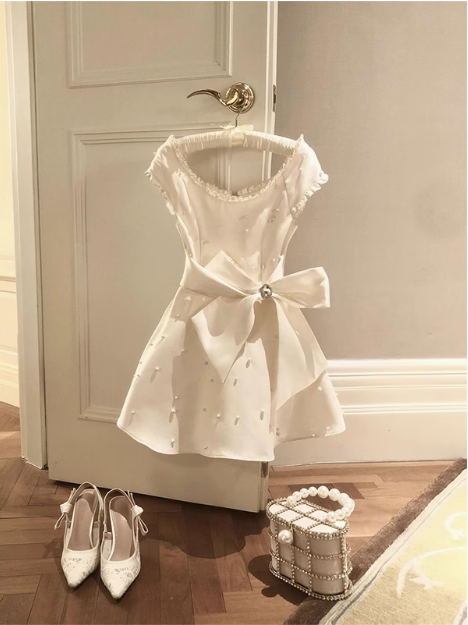 Heavy Pearl Satin Bow A-line Birthday Dress Homecoming Dress cc3579