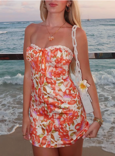 Sexy Orange Tube Top Printed Hip 17th Birthday Homecoming Dress cc3582