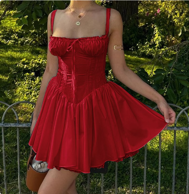 French Ballet Style Tie Waist Suspenders Red Mini Birthday Dress Homecoming Dress cc3583