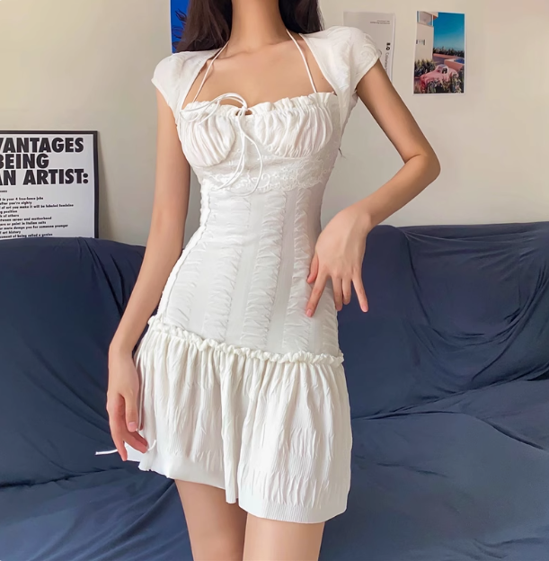 Sexy Low-cut Ruffled Waist Halter Neck A-line 17th Birthday Homecoming Dress cc3586