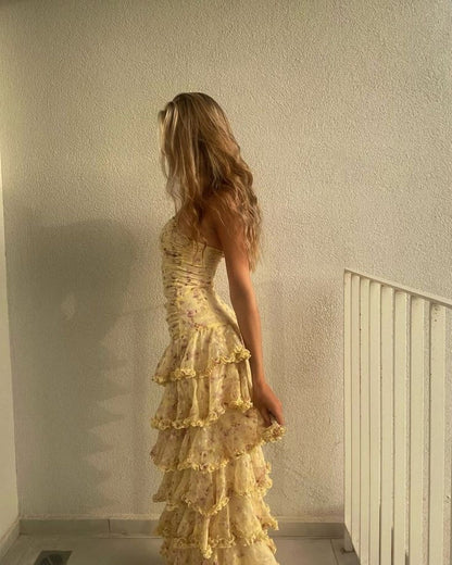 Sweet Yellow Floral Print Strapless A-line Chiffon Long Prom Dress Evening Dress cc5069