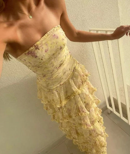Sweet Yellow Floral Print Strapless A-line Chiffon Long Prom Dress Evening Dress cc5069