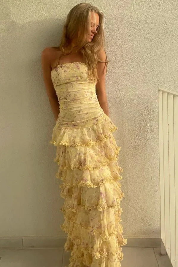 Sweet Yellow Floral Print Strapless A-line Chiffon Long Prom Dress Evening Dress cc5069