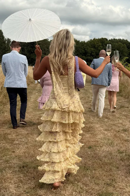 Sweet Yellow Floral Print Strapless A-line Chiffon Long Prom Dress Evening Dress cc5069