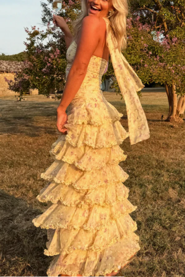 Sweet Yellow Floral Print Strapless A-line Chiffon Long Prom Dress Evening Dress cc5069