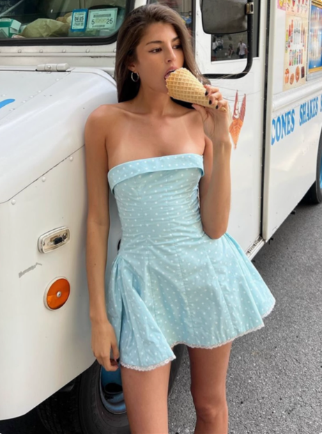 Sweet Polka Dot Lace Tube Top A-Line Homecoming Dress cc3590