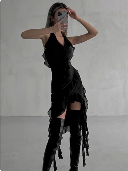Irregular Ruffled Halterneck Chiffon Backless Homecoming Dress cc3591