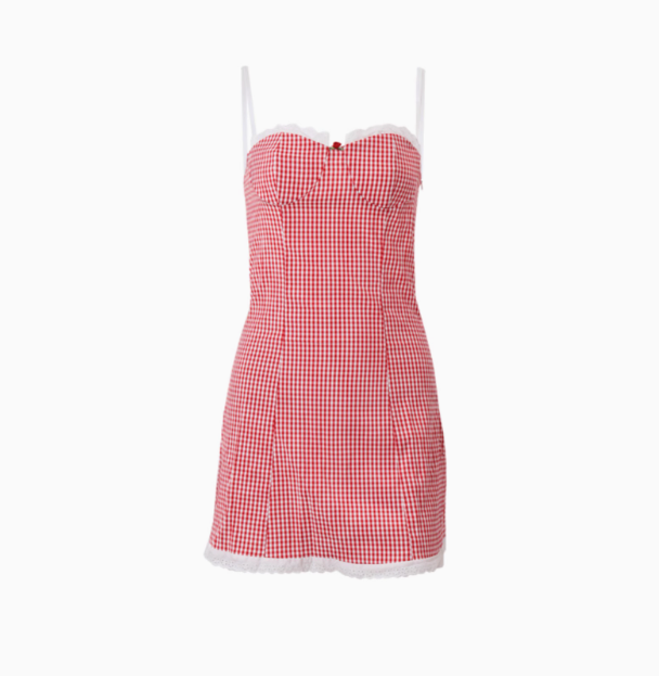 Vintage Plaid Suspender Lace Trim Red 17th Birthday Homecoming Dress cc3593