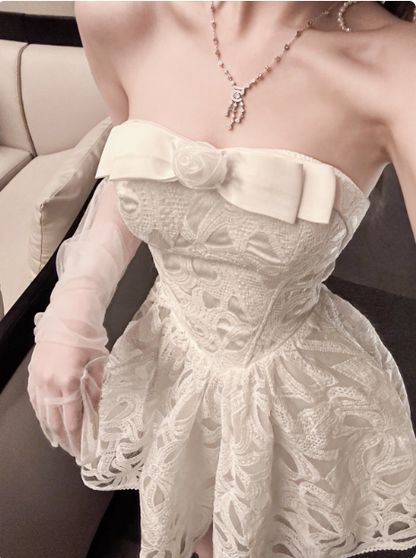 Sweet White Tube Top Lace A-Line 17th Birthday Homecoming Dress cc3597