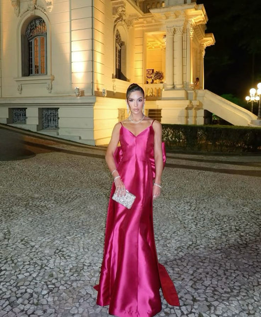 Elegant Hot Pink A-line Deep V Thin Strap Bow Satin Long Prom Dress Evening Dress cc4737