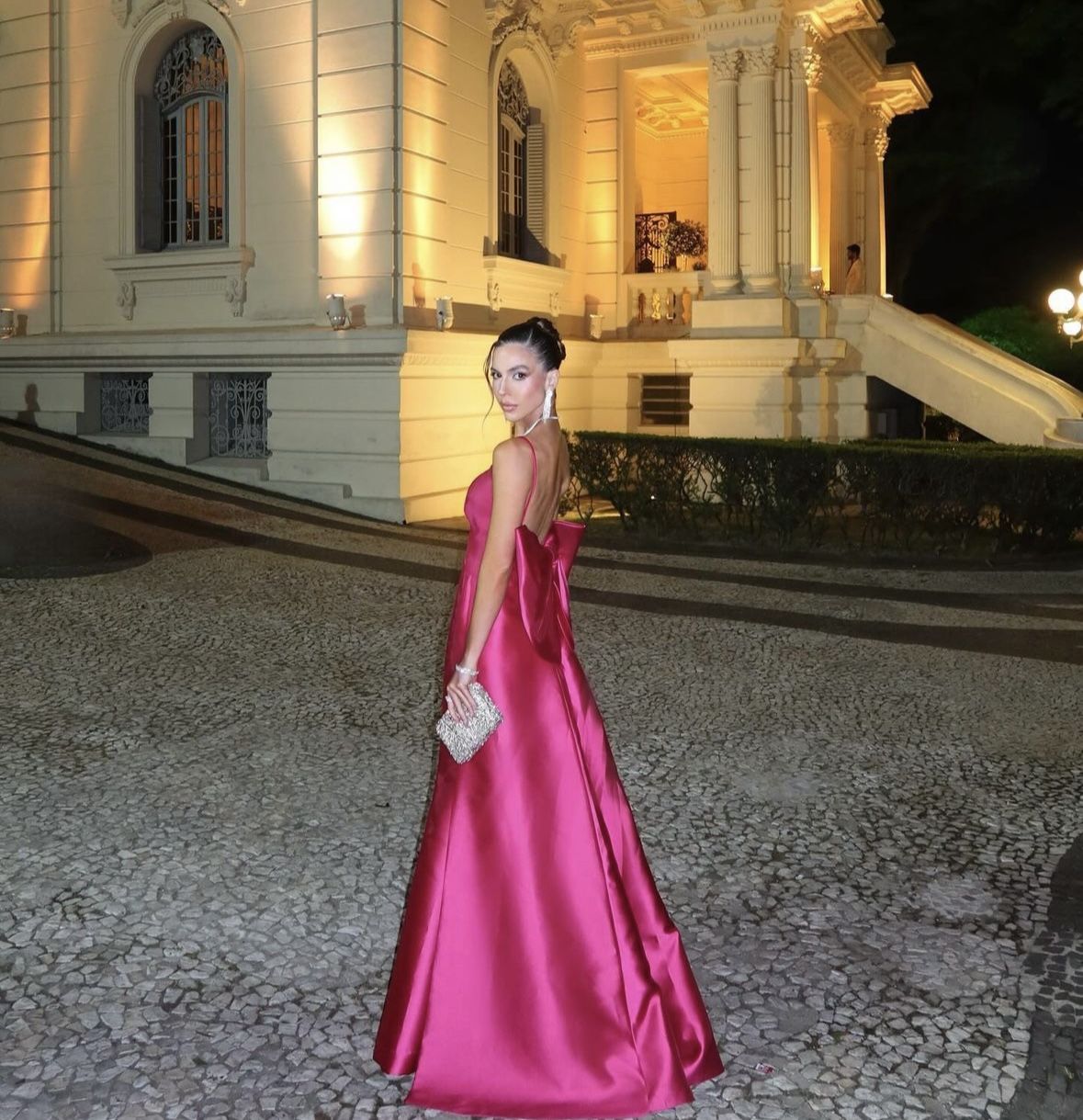Elegant Hot Pink A-line Deep V Thin Strap Bow Satin Long Prom Dress Evening Dress cc4737