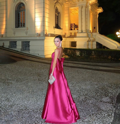 Elegant Hot Pink A-line Deep V Thin Strap Bow Satin Long Prom Dress Evening Dress cc4737