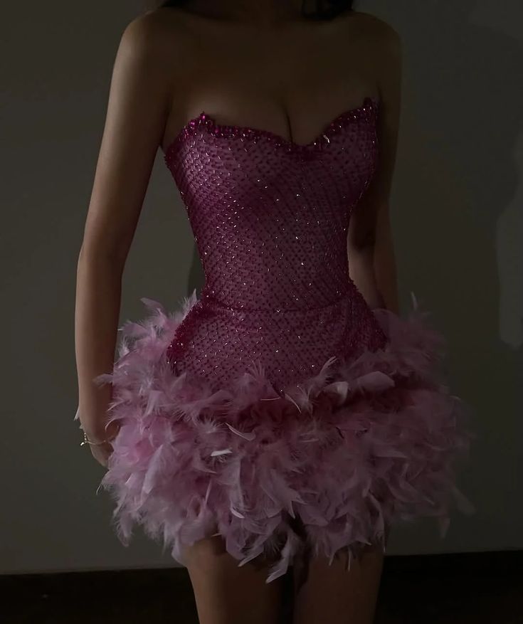 Sparkling Rhinestone Tube Top Feather Splicing Party Birthday Dress cc4037