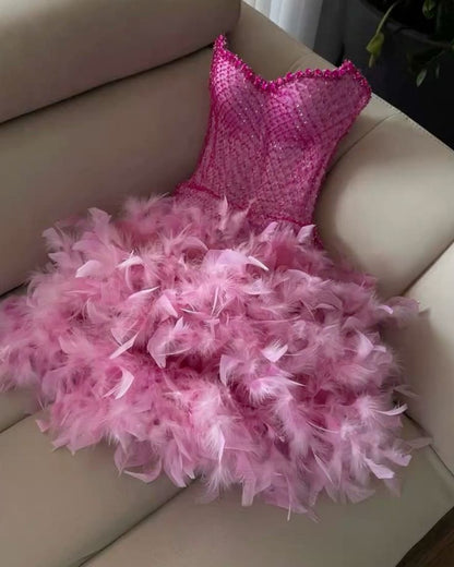 Sparkling Rhinestone Tube Top Feather Splicing Party Birthday Dress cc4037