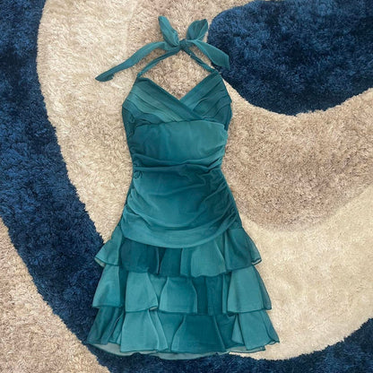 Sweet Glitter Halterneck V-neck Ruffled Mini 16th Birthday Homecoming Dress cc3604