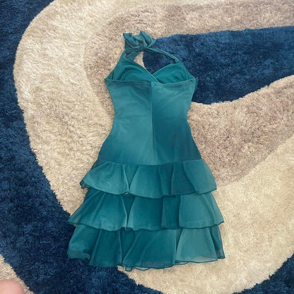 Sweet Glitter Halterneck V-neck Ruffled Mini 16th Birthday Homecoming Dress cc3604