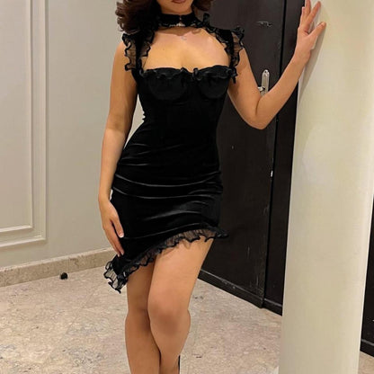 Sexy Black Velvet Ruffled Irregular 17th Birthday Homecoming Dress cc3605