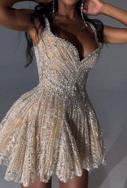 Shiny White Strappy V-Neck Beaded A-Line 17th Birthday Homecoming Dress cc3606