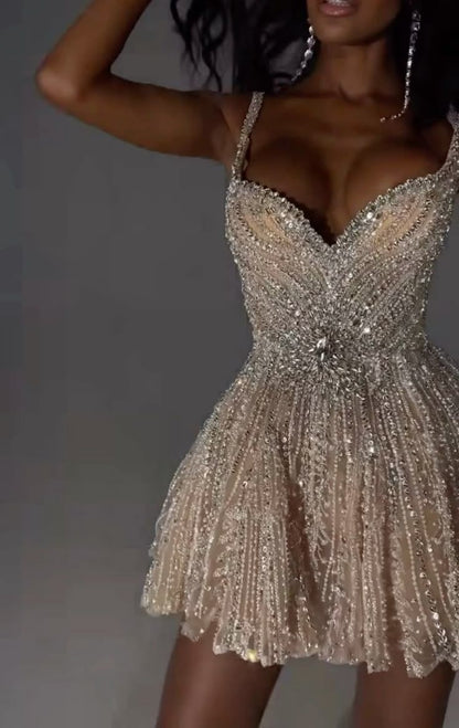 Shiny White Strappy V-Neck Beaded A-Line 17th Birthday Homecoming Dress cc3606