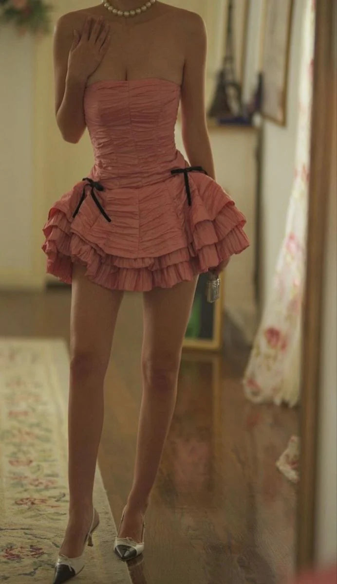 Princess Pink Tube Top Bow A-line 17th Birthday Short Skirt Homecoming Dress cc3608