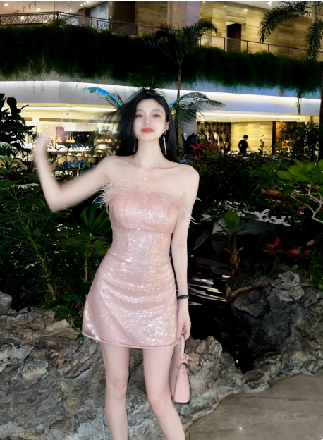 Gentle Pink Short Birthday Dress Tube Top Shimmering Homecoming Dress cc3614